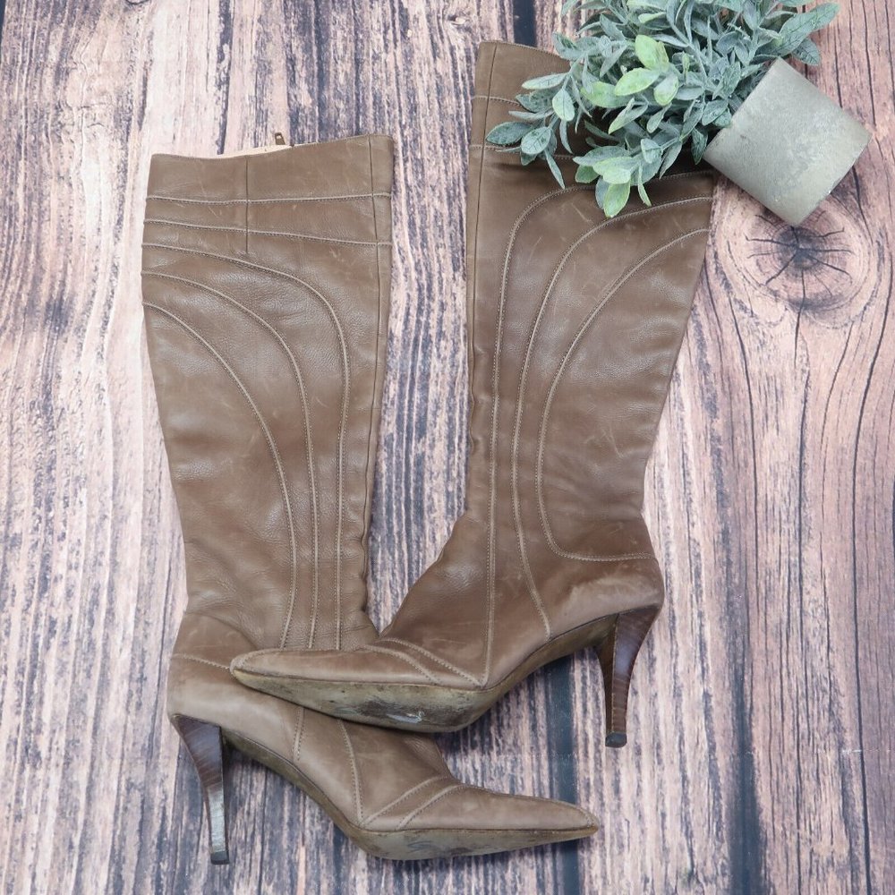 DKNY Leather Made in Spain Brown Leather Boots Shoes Wingtip Kitten Heels Size 7